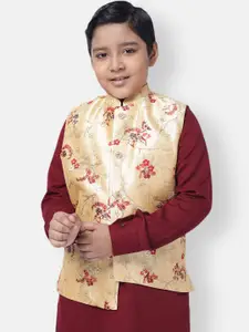 NAMASKAR Boys Nehru Gold-Toned & Red Printed Pure Silk Nehru Jacket