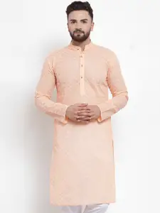 Jompers Men Orange Geometric Embroidered Thread Work Kurta
