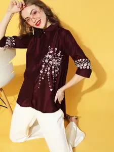 Libas Women Maroon Floral Embroidered Casual Shirt