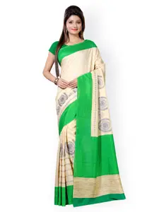 Saree mall Beige & Green Embroidered Silk Saree