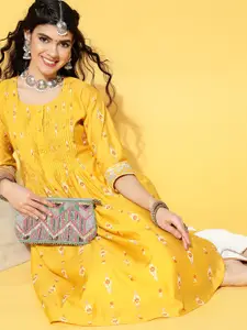 Libas Women Yellow & White Ethnic Motifs Printed Chanderi Silk A-Line Kurta