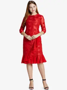 Emmyrobe Red Self Design Drop Waist Dress