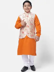 NAMASKAR Boys Yellow Regular Pure Cotton Kurta with Churidar & Jacket