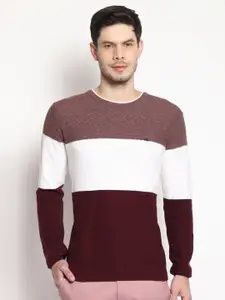 Blackberrys Men Maroon & White Pure Cotton Colourblocked Pullover Sweater