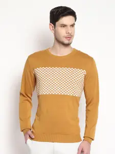 Blackberrys Men Mustard & White Self Designed Pure Cotton Pullover Sweater