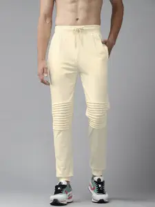 Roadster Men Cream-Coloured Solid Panelled Relaxed Fit Joggers