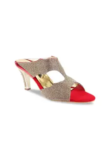 Shoetopia Women Gold-Toned & Red Embellished Heels