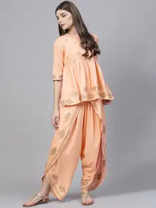 Bitterlime Women Peach-Coloured & Gold-Toned Block Print Gathered Top with Dhoti Pants