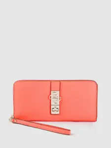 GUESS Women Coral Orange Solid Zip Around Wallet with Wrist Loop