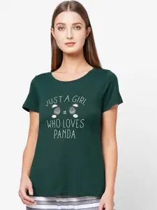 Soie Women Green & White Printed  Round Neck Lounge T-Shirt
