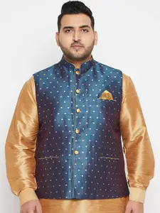 VASTRAMAY Men Blue & Gold-Coloured Woven-Design Slim-Fit Plus Size Nehru Jacket