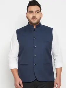 VASTRAMAY Men Plus Size Navy Blue Solid Woven Nehru Jacket