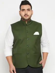 VASTRAMAY Men Green Solid Slim-Fit Woven Plus Size Nehru Jacket