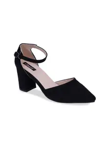 Sherrif Shoes Black Embellished Velvet Party Block Pumps with Buckles