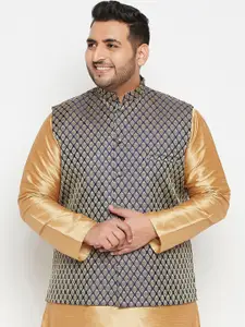VASTRAMAY Men Navy Blue & Gold Coloured Woven Design Nehru Jacket