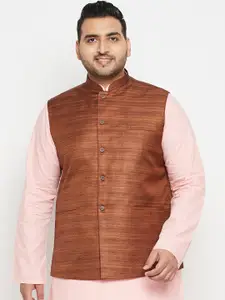 VASTRAMAY Men Coffee Brown Solid Woven Nehru Jacket