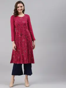 Rangriti Fuchsia Pink Floral Printed A-Line Kurta