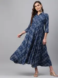 Rangriti Blue & Off-White Ethnic Motifs Printed Fit and Flare Maxi Dress
