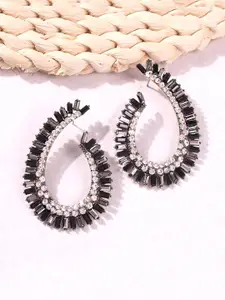 Yellow Chimes Blue Silver-Toned & Black Crystal Studded Teardrop Shaped Drop Earrings
