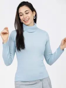 Basics By Tokyo Talkies Women Blue Pullover Sweater