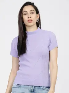 Tokyo Talkies Women Lavender Ribbed Pullover Sweater