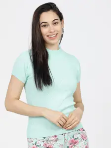 Basics By Tokyo Talkies Women Turquoise Blue Pullover Sweater