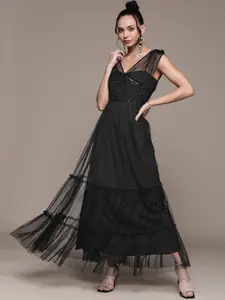Antheaa Black Ruched Embellished Net Maxi Dress