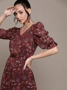 Antheaa Brown Floral Printed Embellished Chiffon Maxi Dress