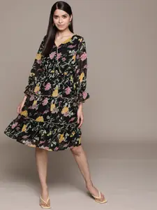 Antheaa Black & Yellow Floral Chiffon Wrap Dress