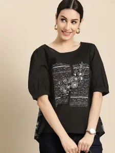 Anouk Women Black & White Floral Print Puff-Sleeve Pure Cotton A-Line Top