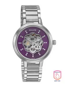 Sonata Women Purple Brass Skeleton Dial & Silver Toned Bracelet Style Straps Analogue Watch 8141SM13
