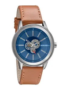 Sonata Men Blue Brass Skeleton Dial & Brown Leather Strap Analogue Watch 7133SL02