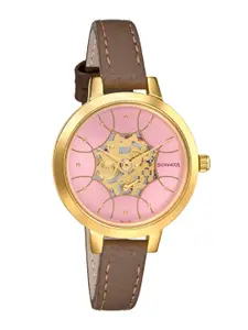 Sonata Women Pink Brass Printed Dial & Brown Leather Straps Analogue Watch 8141YL02