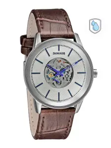 Sonata Men Silver-Toned Brass Skeleton Dial & Brown Leather Straps Analogue Watch 7133SL01