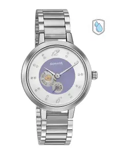 Sonata Women Silver-Toned Brass Printed Dial & Silver Toned Bracelet Style Straps Analogue Watch 8141SM14
