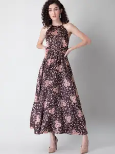 FabAlley Maroon Floral Halter Neck Georgette Maxi Dress