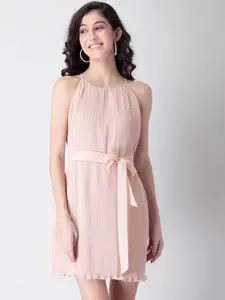 FabAlley Pink Pleated Belted Halter Neck Dress