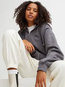 H&M Women Grey Oversized Zip-Through Hoodie