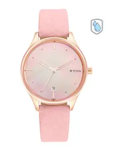 Titan Women Pink Brass Dial & Rose Gold Toned Leather Straps Analogue Watch 2670WL02