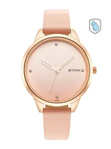 Titan Women Pink Brass Dial & Pink Leather Straps Analogue Watch 2664WL02