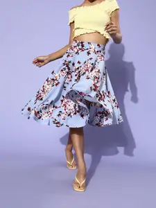 Berrylush Women Blue & Red Floral Printed A-line Flared Skirt