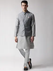 KISAH Men Grey Regular Jacquard Kurta with Churidar & Jacket