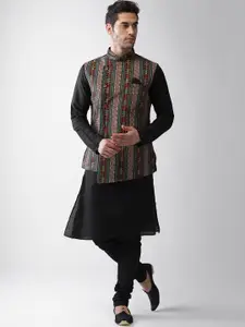 KISAH Men Multicoloured Regular Kurta with Churidar & Geometric Print Nehru Jacket Set