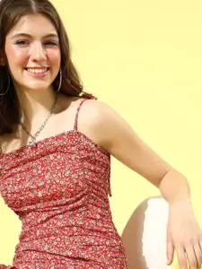 Berrylush Women Gorgeous Red Floral Ruched Dress