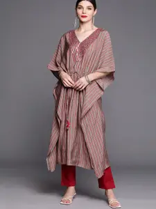 Inddus Women Grey & Pink Yoke Design Extended Sleeves Thread Work Kaftan Kurta