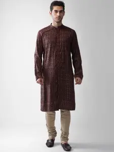 KISAH Men Brown Geometric Thread Work Kurta