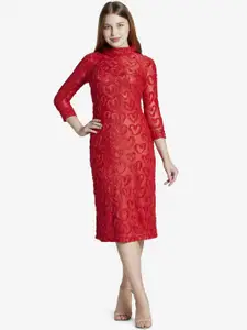 Emmyrobe Red Self-Design Sheath Midi Dress