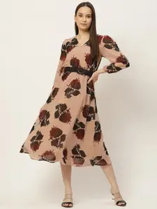 Slenor Beige & Maroon Floral Georgette A-Line Midi Dress