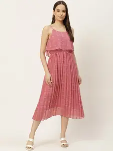 Slenor Pink Layered Accordion Pleats Georgette A-Line Midi Dress