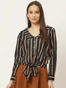 Slenor Women Black Opaque Striped Waist Tie-Up Casual Shirt